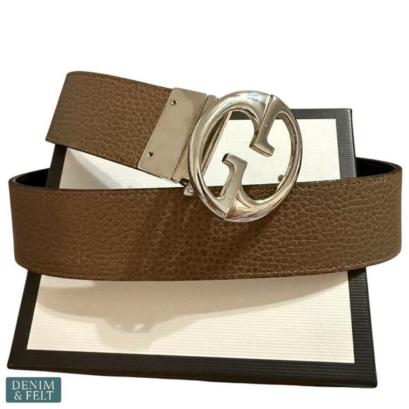 Gucci GG Supreme Leather Belt Black/Brown Reversible Silver Buckle Size 75/30 - Picture 1 of 13